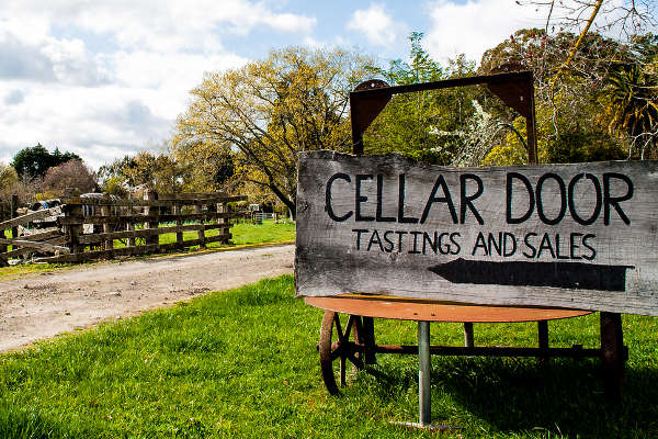 Rustic wooden cellar door sign pointing to tastings and sales down tree lined driveway